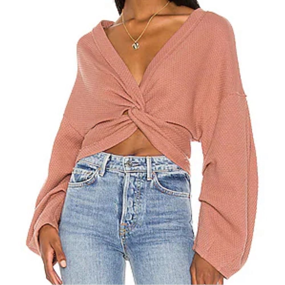 Free People Fall For You Balloon Sleeve Mauve Dusty Rose Cropped Tie Front L